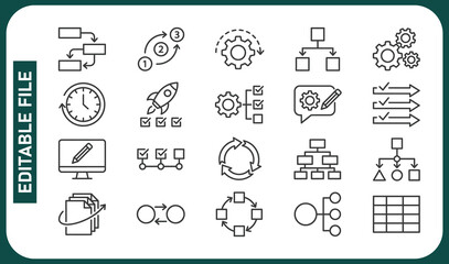 Fototapeta premium Work Process, icon set. Workflow, planning, steps, checklist, gears, organization, strategy, agile, tasks, roadmap, collaboration, structure, productivity, management. Line with editable stroke