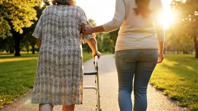 Young caregiver daughter assisting her elderly mother with a walker, supporting her during a peaceful walk through a beautiful park at sunset. Loving family enjoying a quiet moment together