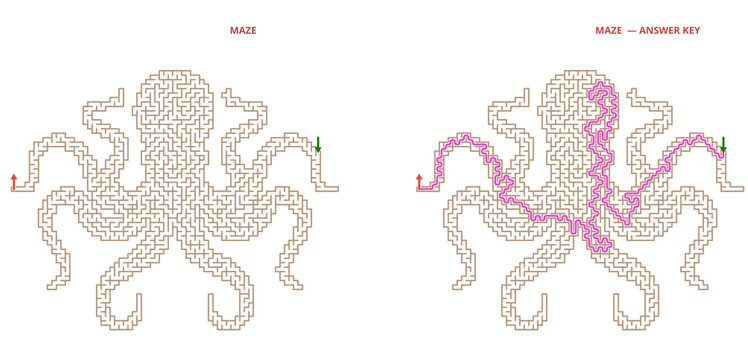 Octopus silhouette maze puzzle with solved path and answer key, sea creature labyrinth activity sheet for children and adults on transparent background