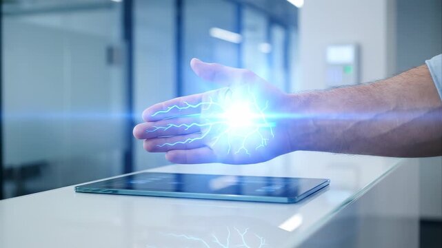 Man getting a futuristic glowing blue microchip implanted into his hand from a tablet for biometric scanning and identification, demonstrating advanced transhumanism and biohacking technology