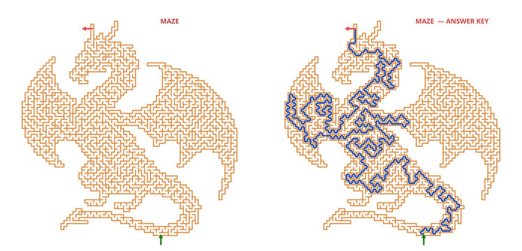 Dragon silhouette maze puzzle with solved path and answer key, fantasy creature labyrinth activity sheet for children and adults on transparent background