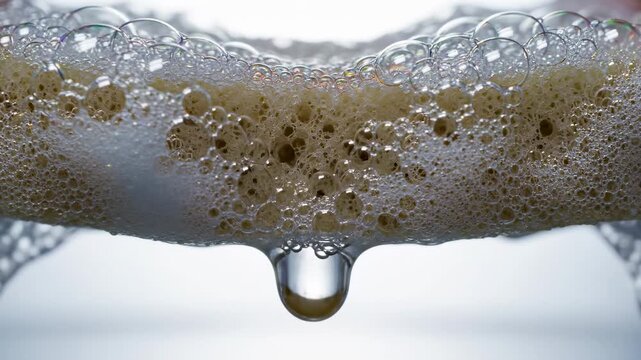 Soapy texture with dense foam and translucent bubbles forming and dripping a clear liquid drop in a captivating macro view, isolated on a clean white background in super slow motion