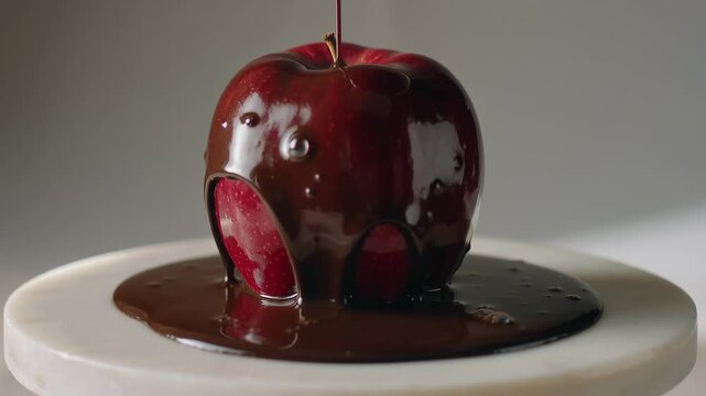 Decadent hot chocolate sauce generously covering a ripe red apple on a marble plate. Delicious liquid chocolate icing flows over the fruit, creating a tempting, sweet, and unhealthy dessert snack