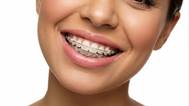 Perfect smile with colorful orthodontic braces showing teeth alignment progress and changing expression, close up dental care concept on white background, healthy smile