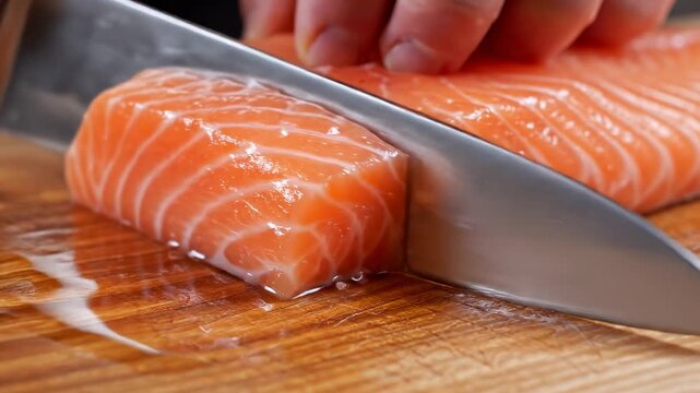Professional chef's hands carefully slicing a fresh raw salmon fillet with a sharp knife on a wooden cutting board, preparing the fish for a delicious and healthy meal in a restaurant kitchen