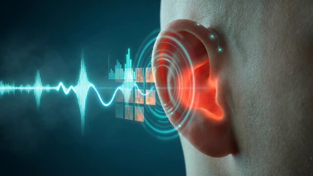 Conceptual futuristic animation showing a vibrant sound wave and equalizer graphic entering a human ear, symbolizing auditory perception, hearing loss, tinnitus, and modern audio technology