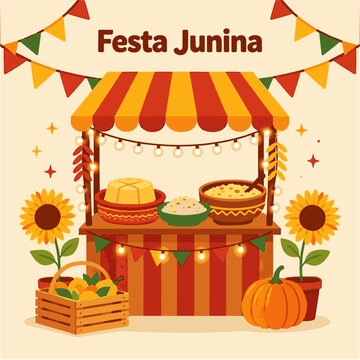 A vibrant illustration of a Festa Junina food stand with colorful decorations
