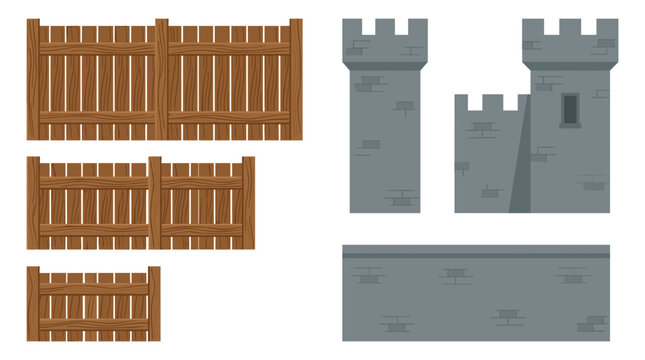Wooden fence and stone castle wall elements for game design or illustration