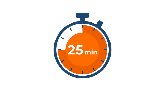 Stopwatch icon showing 25 minutes elapsed time isolated on white background