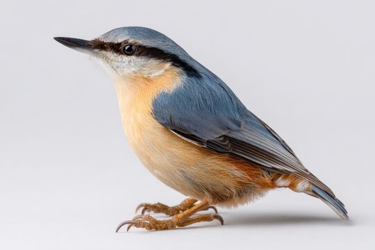 Three-quarter view of a nuthatch perched against a pure white backdrop
