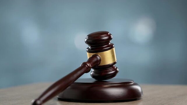 Wooden judge's gavel striking the sound block on a table, symbolizing a court decision, final verdict, or auction sale with a definitive bang, embodying authority and the rule of law