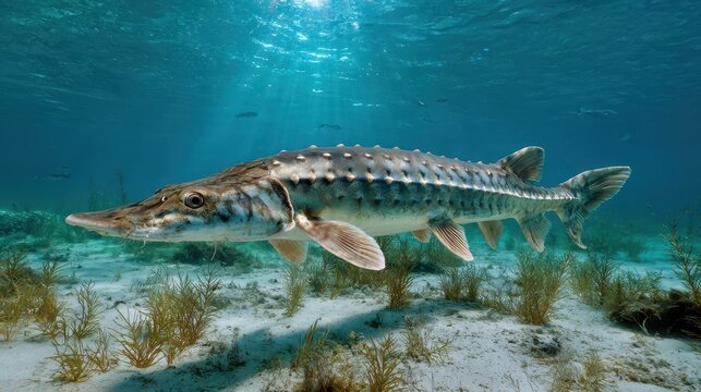 Underwater image of a solitary sturgeon moving past tiny fish in clear coastal water
