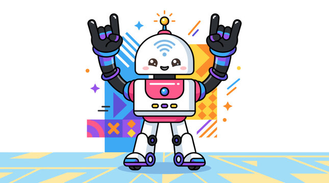Cute robot character with wifi symbol on head making rock on hand gesture