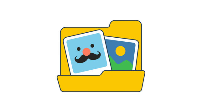 Yellow folder with two photos inside, one with a cartoon face and mustache