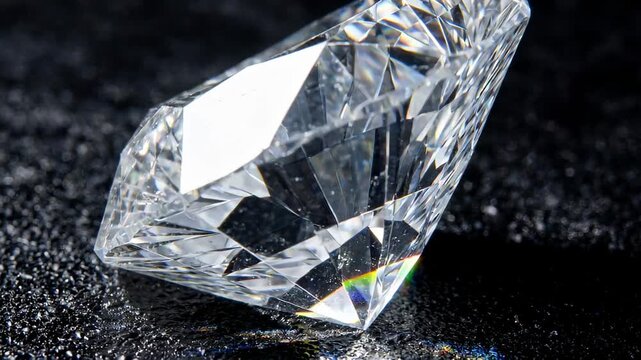 Flawless marquise cut diamond slowly rotating on a black textured background, its perfectly polished facets reflecting the light and showing a beautiful rainbow sparkle and dispersion effect