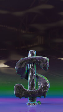 Vertical 3D render of an iridescent money dollar sign for business and finance economy covered in viscous oil sludge