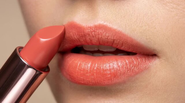 Extreme close up of a young woman applying coral colored moisturizing lipstick to her full lips, creating a perfect and sensual makeup look for a glamorous and elegant beauty routine