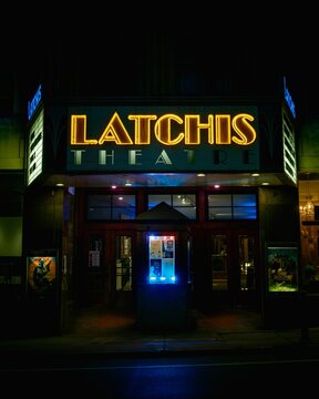 Latchis Theatre vintage neon sign at night, Brattleboro, Vermont