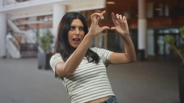 Woman framing an imaginary subject with hands and sticking tongue out while miming a camera in an airport concourse; playful focus.