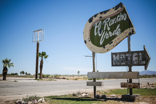 El Rancho Verde Motel vintage neon sign in Blythe, California, July 2018