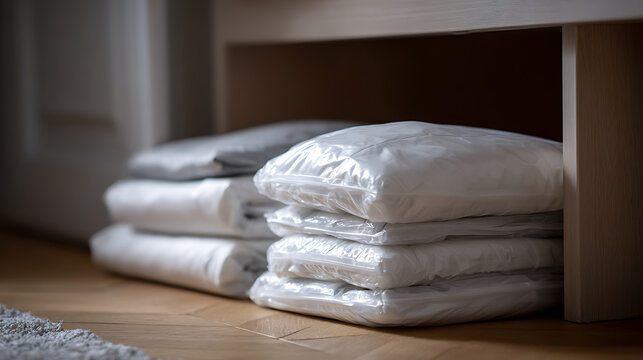 Clean, neatly folded laundry in protective plastic bags and soft textiles arranged under a wooden shelf on a warm parquet floor, home storage solutions