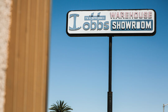 Dobbs Appliances showroom vintage sign in Blythe, California, July 2018