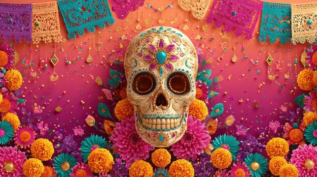 Ornate sugar skull art celebrating Dia de los Muertos with floral motifs