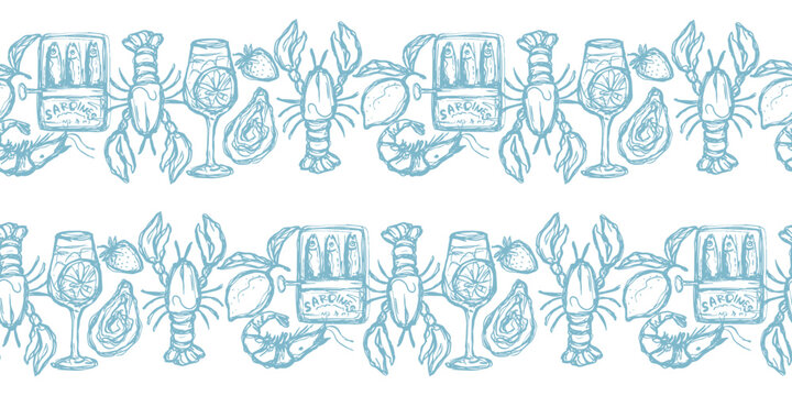 Mediterranean food border vector seamless background. Hand-drawn blue horizontal seafood, lobster and spritz ribbon design for stylish restaurant menu. Modern italian print on isolate surface.
