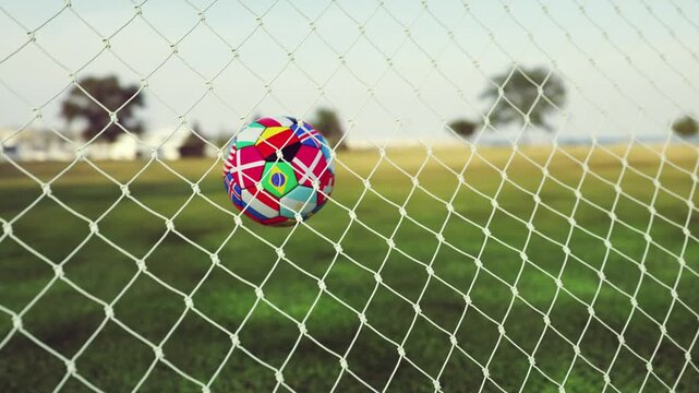 Soccer ball with flags fying to net