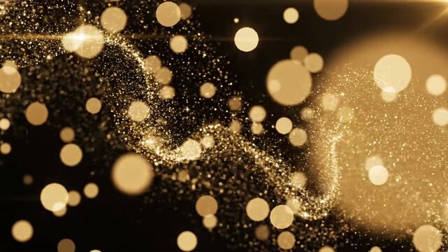 Abstract motion background showing shining gold particles in constant flow with smooth movement over time