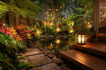 Obraz premium Warm Night Lighting in a Tropical Garden Featuring Diverse Plants and a Stone Path