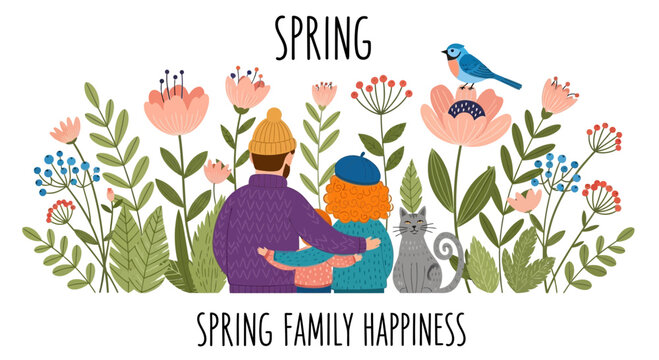 A man and a child sitting together with their cat surrounded by spring flowers.
