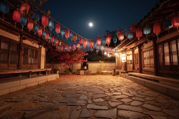 Naklejka premium Red and Blue Cheongsachorong Lanterns Beneath a Harvest Moon