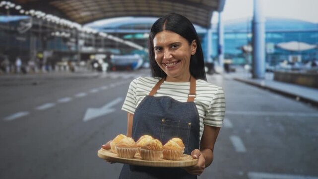 Woman baker in apron smiles and holds a wooden tray of muffins with both hands at airport curbside pickup lane, presenting pastries to passersby; warm hospitality.