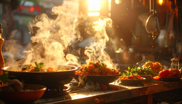 Cozinhando pratos no vapor sob a luz do sol.