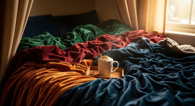Cama aconchegante com cobertores coloridos e cena matinal de x&iacute;cara de caf&eacute;.