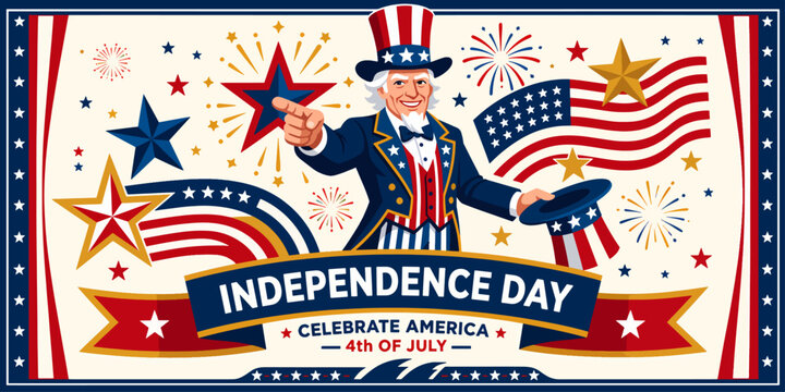 Bold Independence Day illustration with cheerful Uncle Sam pointing amid stars stripes fireworks and waving American flags, festive Fourth of July patriotic celebration poster for holiday events
