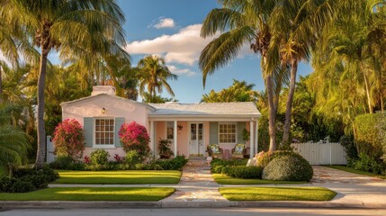 Fototapeta premium Sunny Florida home with pastel facade and tropical landscaping