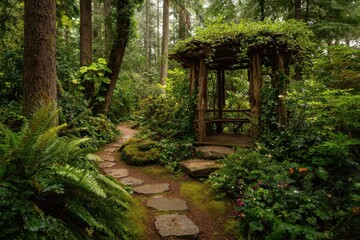 Naklejka premium Quiet timber gazebo surrounded by greenery, warm light and natural shade in a forest garden