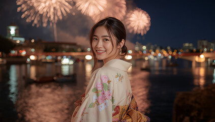 Obraz premium 夜の花火大会で笑顔を見せる浴衣姿の日本人女性