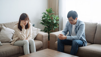 Obraz premium リビングのソファで日本人カップルが距離を置いて悩む写真