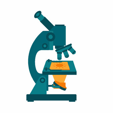 Flat design vector illustration of a teal and dark blue microscope with an orange glowing slide, representing scientific research and laboratory equipment.