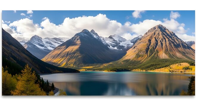Canada day mountain lake panorama with snow capped peaks and autumn foliage