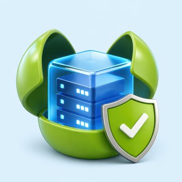 Cybersecurity data protection concept with secure server icon and shield in protective green shell 3D illustration