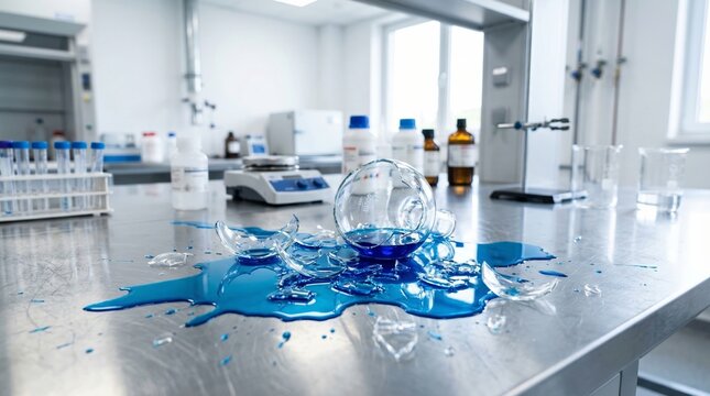 Broken glass flask with blue liquid spilled on metal laboratory table. Scientific experiment accident in chemical lab. Research failure, danger caution and hazardous material spill concept.