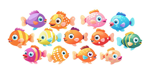 Fototapeta premium Colorful cartoon tropical fish characters set, vector