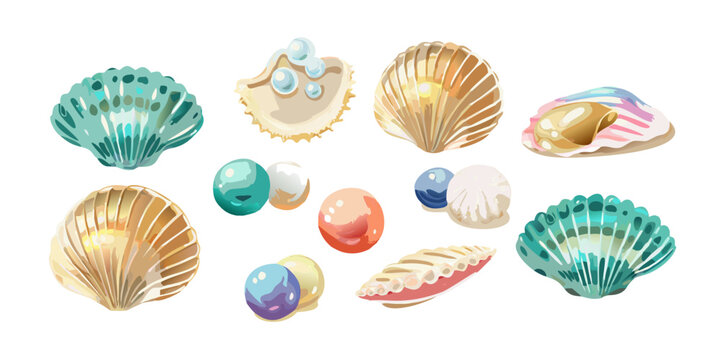Assorted colorful sea shells and pearls set, vector