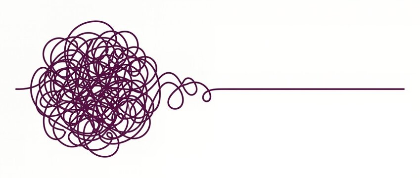 Tangled messy scribble unravelling into a straight line flat vector illustration representing problem solving and simplifying complexity