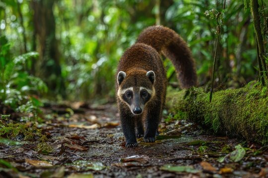 Wildlife portrait: coati in lush Misiones rainforest along a tropical trail