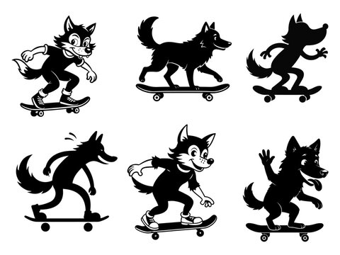 Cartoon wolves skateboarding black silhouettes